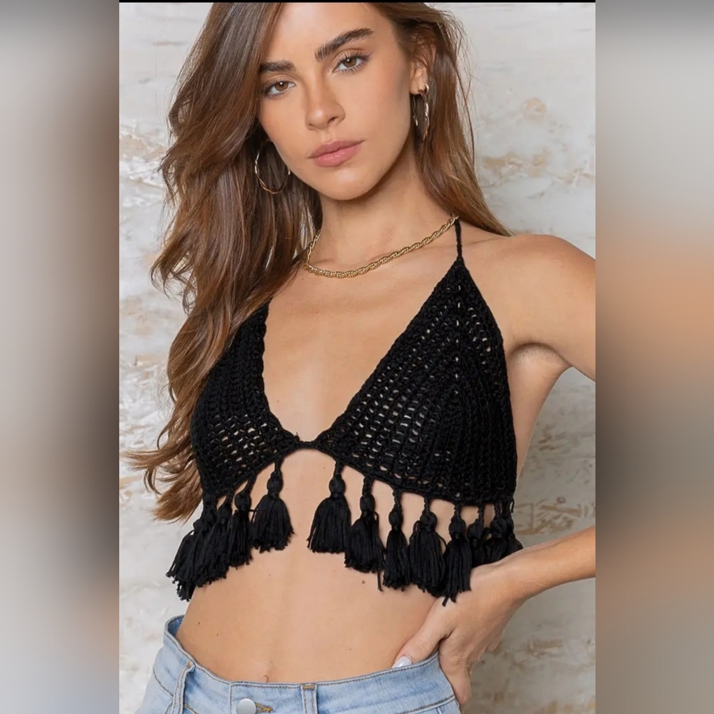 POL Black Embellished Bikini Top